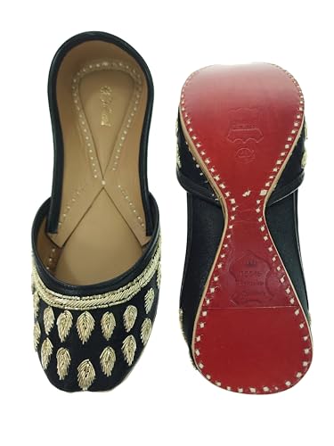 Fulkari Women's Dawka Patti Black Gold Soft Leather Embroidered Jutis | Bite and Pinch Free Jutti | Punjabi Formal Juttis | Girl's Wedding Flat Ladies Mojari | Formal Ethnic Juti | 42