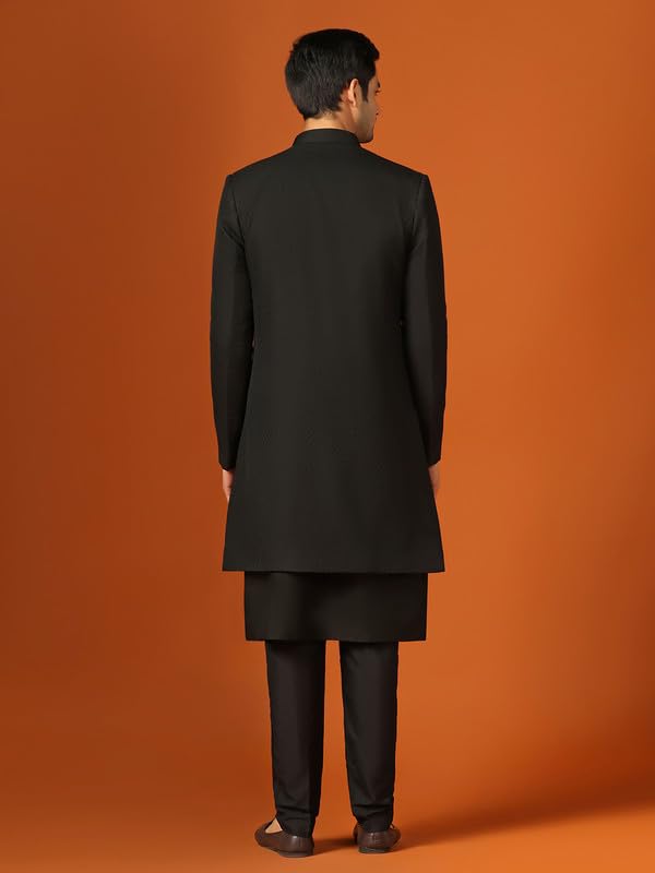 KISAH Men's Kurta Indo-Western Sherwani Trouser Set, Black Jacquard, Woven Design Regular Fit Mandarin Collar Long Sleeves (44)