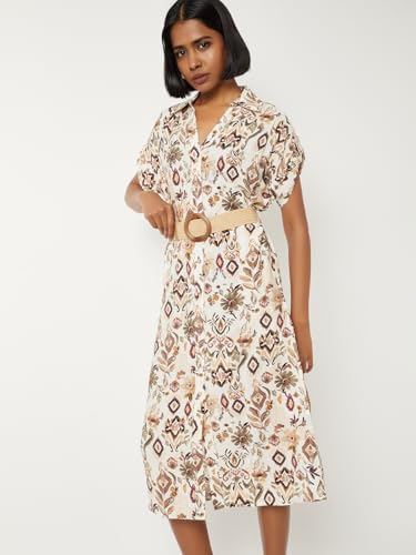 Max Women's Cotton Blend A-Line Below The Knee Dress (BOH15_Ecru