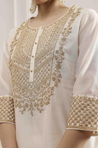 Biba Women's Polyester Kurta, Bottom, Dupatta (SKDUTSV31130AW25OWHT