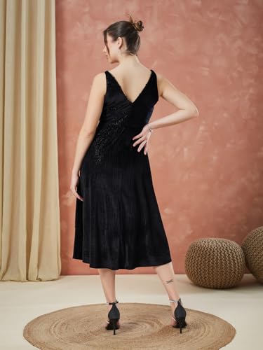 Latin Quarters Women's Black Sleeveless Solid Square Neck Evening Dress_S