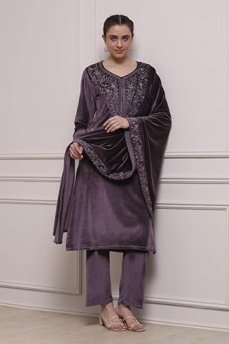 Biba Women Lavender Polyester Straight Dyed Suit Set_32