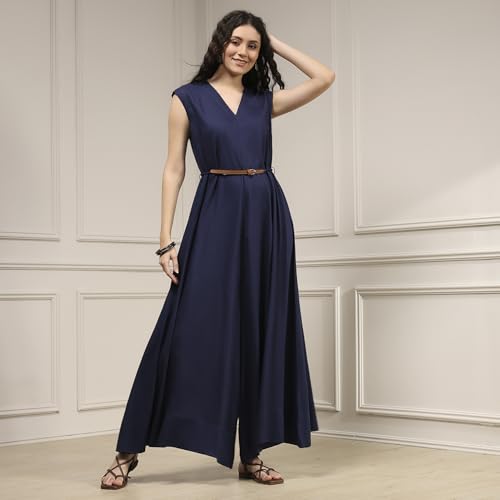 Biba Women's Rayon Asymmetric Floor Length Jumpsuit (RTRDMA31112AW25NVY_Navy Blue