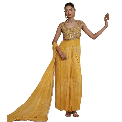 BIBA Women Yellow Poly Georgette Digital Printed Gown Saree_34