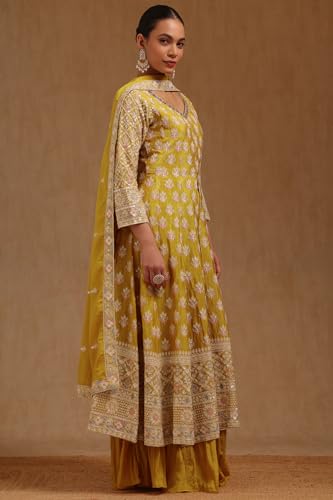 Soch Womens Mustard Chinon Embroidered Suit Set With Sequins