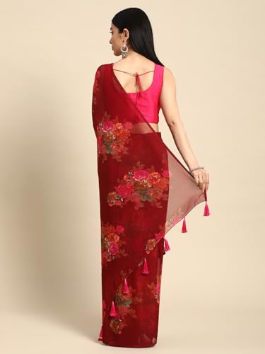 RANI SAAHIBA Women's Chiffon Floral Printed Saree Without Blouse (SKR11163_Maroon)