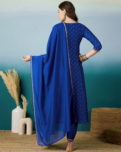 LYMI LABEL Zari Sequence Embroidered Blue Silk Blend Foil Printed Kurta Pant with Dupatta
