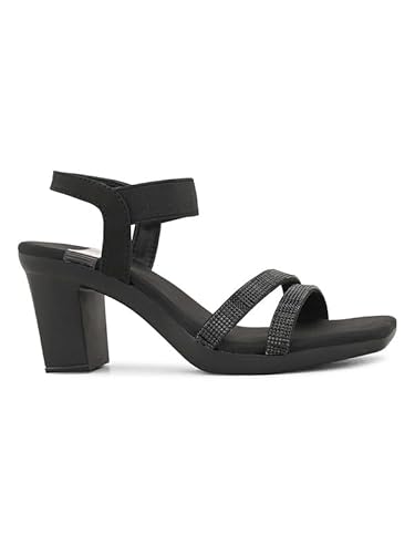 XE Looks Black Women’s Trendy Block Heel Sandals | Embellished Double Strap Ankle Strap Heels with Cushioned Footbed | Party & Casual Occasion | For Women & Girls