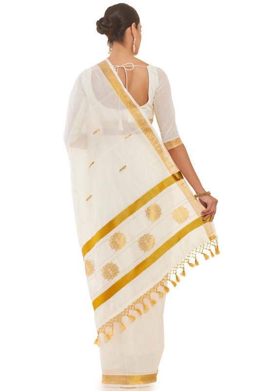 Soch Women Off White Cotton Kasavu Saree With Zari Woven Borders And Motifs, Off-White