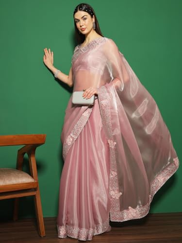 SAREE MALL Women's Organza Solid Saree With Unstitched Blouse Piece(Mauve_FF0MAHEK737H_MK)