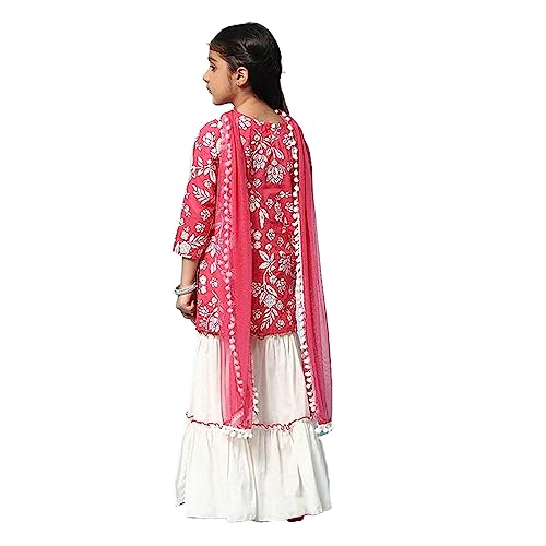 BIBA Printed Cotton Straight Fit Girls Kurta Sharara Dupatta Set (STRAWBERRY PINK, 10-11Y)