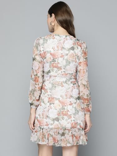 SASSAFRAS Beige Floral Chiffon Frill Hem Dress