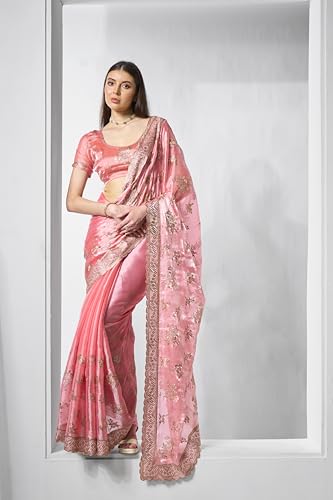 ORHANS Women's Organza Embroidered Work Saree With Organza Matching With Unstitched Blouse Piece