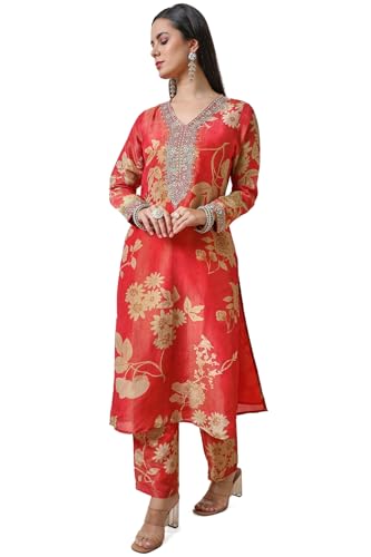 Soch Womens Orange Tissue Floral Print Suit Set with Dupatta
