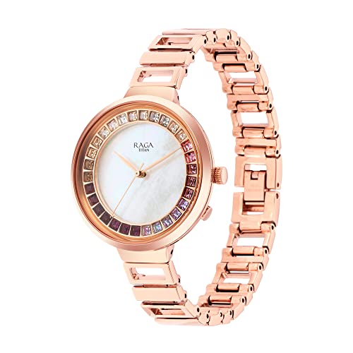Titan Raga Love All Quartz Analog Mother Of Pearl Dial Rose Gold Metal Strap Watch for Women - NT95150WM01
