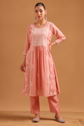 Soch Womens Peach Mul Chanderi Embroidered Botanical Chikankari Embroidery Salwar Suit
