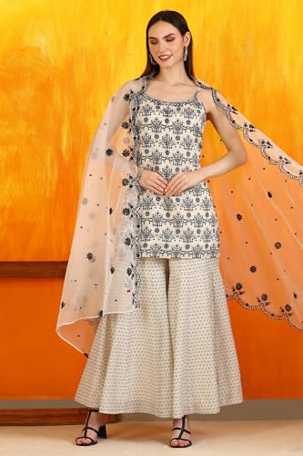 W for Woman Off-White Embroidered Spaghetti Short Kurta and Sharara Set with Dupatta (Size: XL)-WS12717-125705