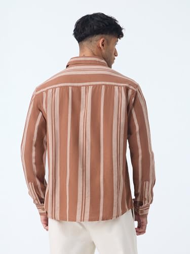 The Souled Store Cotton Linen Stripes: Redwood Men and Boys Long Sleeve Spread Collar Brown Striped Casual Daily Office Wear Lightweight Regular Fit Cotton Linen Shirt