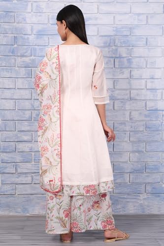 W for Woman White Embroidered Printed Chanderi Flared Kurta, Palazzo and Dupatta Set (Size: M)-WS12936-223833