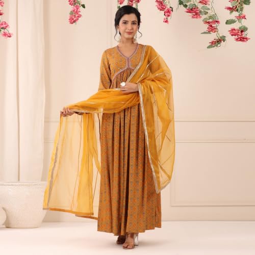Peachmode Mustard Patola Printed Muslin Gown with Dupatta Dress for Women, Party, Haldi, Engagement