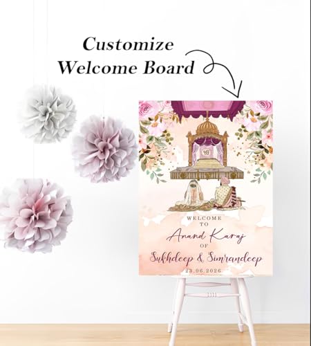 Party Perfect Designs Personalized Anand Karaj Welcome Board for Sikh Wedding Ceremony, Custom Name and Date Sign, 3mm/5mm Thickness, Premium Print, Multi Design Options (Blush Peach Pink)
