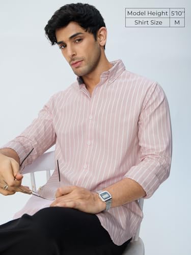 The Souled Store Slim-Fit Shirt: Lilac Stripes Men and Boys Long Sleeves Collared Neck Buttonfront Striped Regular Fit Lightweight All-Season Cotton Shirt
