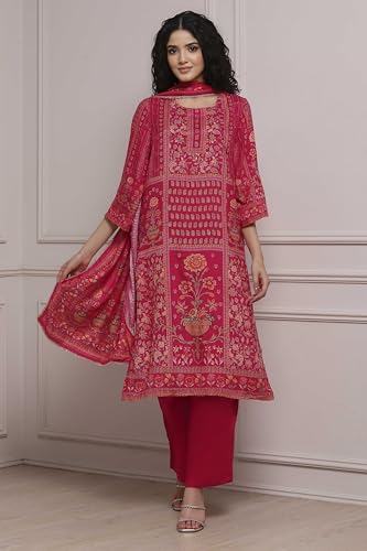 Biba Women Pink Viscose Rayon Straight Printed Suit Set_32