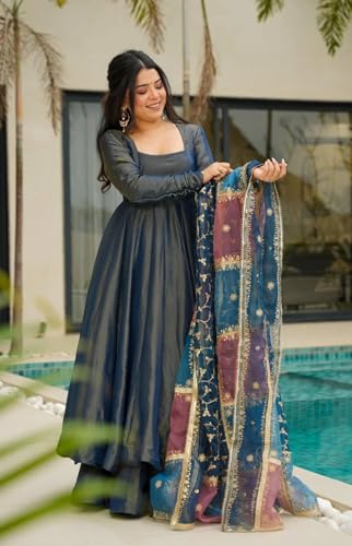 Leeli Peeri Designer Women's Simmer Silk Sequence work Anarkali Kurta Palazzo Set with Dupatta