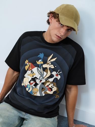 The Souled Store Looney Tunes: Going in Circles Men and Boys Short Sleeves Round Neck Black Graphic Printed Cotton Oversized T-Shirts