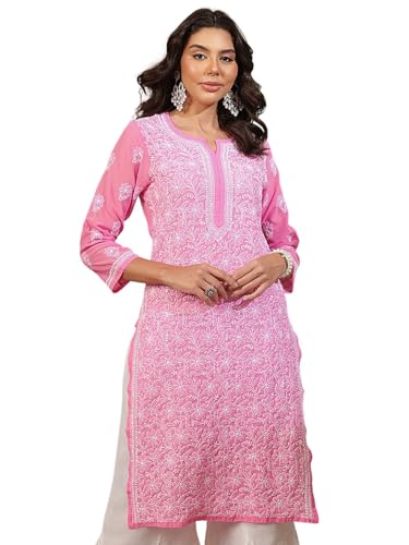 Ada Hand Embroidered Indian Chikankari Women's Faux Georgette Kurti Kurta A411221 (L_Pink), Pink, L