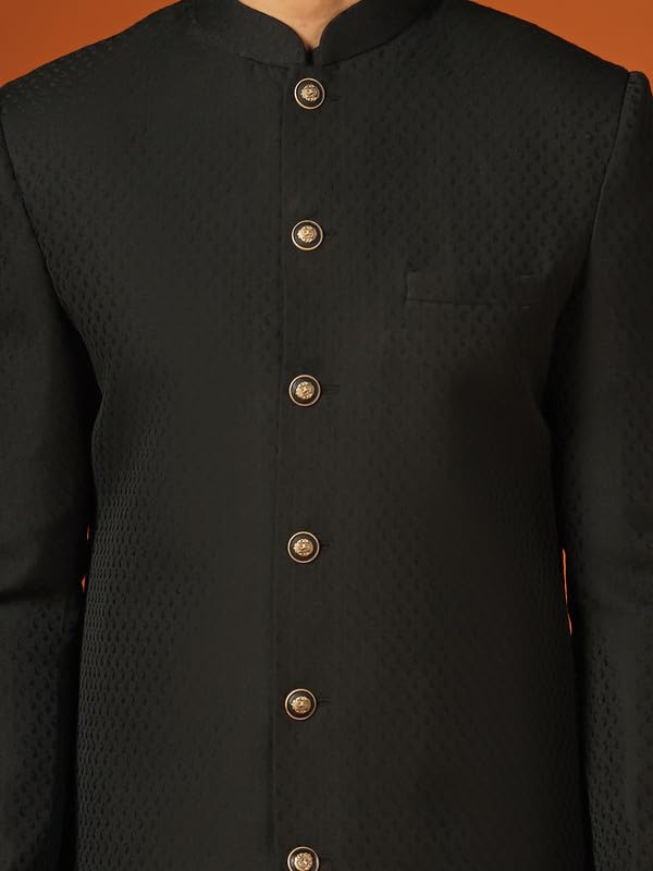 KISAH Men's Kurta Indo-Western Sherwani Trouser Set, Black Jacquard, Woven Design Regular Fit Mandarin Collar Long Sleeves (44)