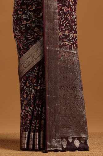 Soch Womens Wine Silk Botanical Saree With Zari Woven
