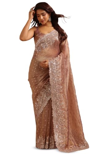 Soch Womens Peach Tissue Embellished Saree With Sequins