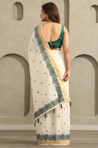 Soch Womens Green Cotton Kasavu Embroidered Saree With Cutwork
