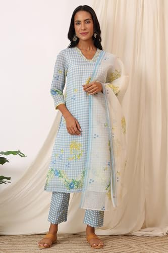 W for Woman Blue Checker Chanderi Straight Kurta, Pants and Dupatta Set (Size: S)-WS12497-125420