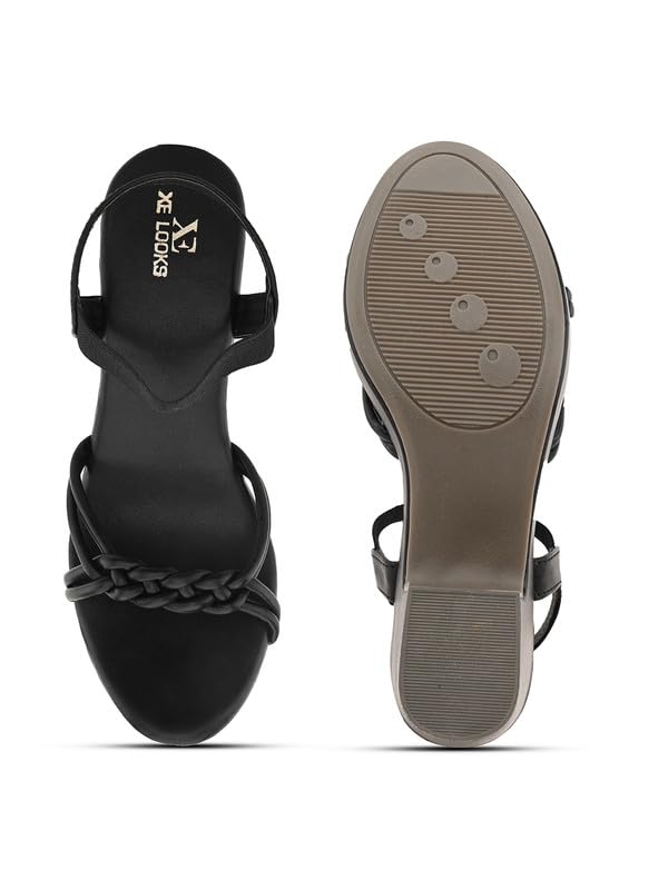 XE Looks Women's Black Wedge Sandals | Elegant Braided Strap Design with Cushioned Footbed | Lightweight Heels for Comfort & Trendy Sandals For Girls & Women