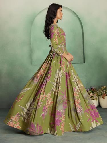 madhuram textiles Women's Rayon Print with Hand Embroidery Work Anarkali Long Gown(M-2543 Mehndi(Green)_Large)