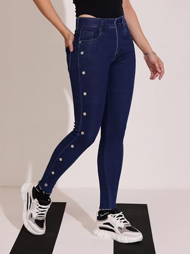 Dolce Crudo Women's Skinny Fit Mid Rise Cropped Length Eyelet Detailing Denim Stretchable Jeans (DOSS21DEN99-37-198-30, Dusty Blue, 30)