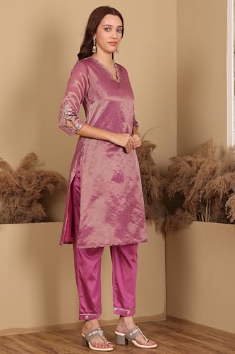 W for Woman Purple Chanderi Lurex Stripe Embroidered Kurta, Pants ad Dupatta Set (Size: XL)-24FEWS19932-313446