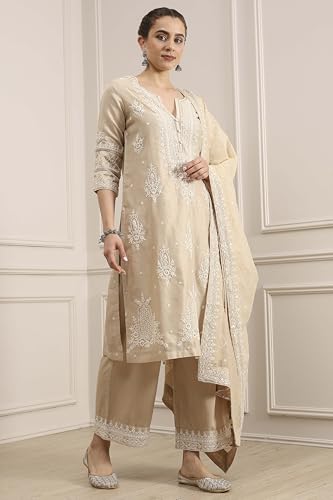 Biba Women Natural White Chanderi Straight Dyed Suit Set_38