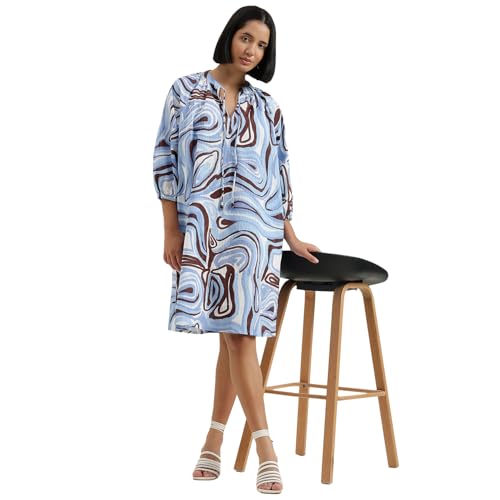 United Colors of Benetton Regular Fit Mandarin Collar Printed Dress (Size : L) - 26P4WVNDR329I902 Blue