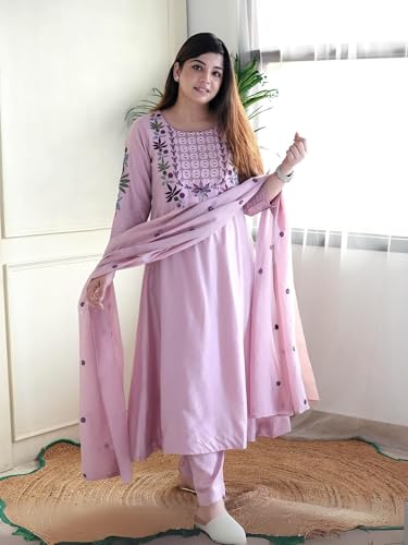 Nefer Women's Chanderi Silk Salwar Suit with Dupatta - Embroidered Kurta Trouser Set - Light Lavender