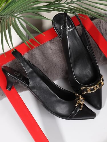 Carlton London Women Black Stylish Slip On Shimmer Backstap Fashion Sandals for Casual use, Outdoor, Party and Holidays with Kitten Heels (38)