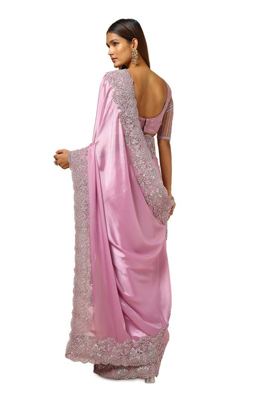 Soch Womens Onion Pink Chiffon Embroidered Saree With Sequins