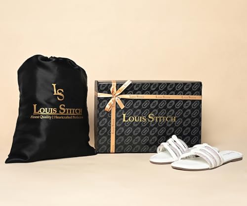 LOUIS STITCH Women's Fashion Flat Slip On Sandals | Open Toe White Stylish Flat Sandal for Ladies, Comfortable All Day Wear Slipper | LSOF-LDSL-GLTSWH | UK-5