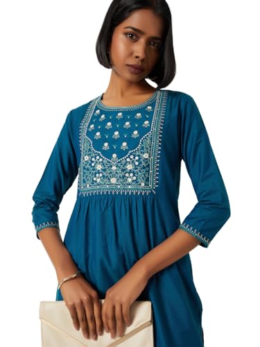 Max Women Embroidered Straight Kurta (Teal_XL)
