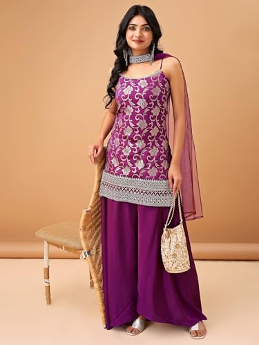 MAVIXA Women's Embroidered Kurta and Sharara with Dupatta | Wedding Suit | Kurta Set | (IN, Alpha, XS, Regular, Purple)