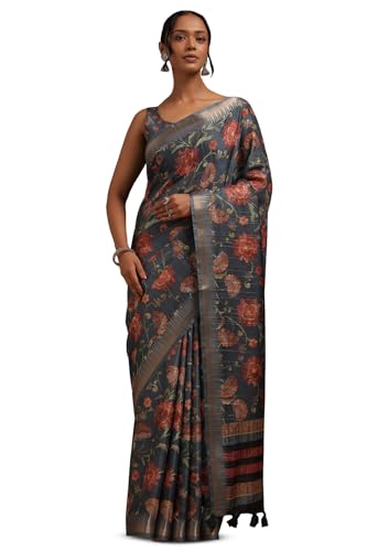 Soch Womens Blue Tussar Floral Print Saree