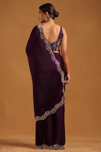 Soch Womens Purple Fendy Organza Saree With Stone Work