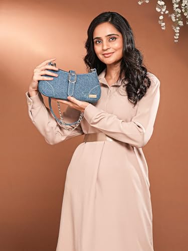 BAGUZZI Denim Sling Bag for Women, Chain Strap, Blue